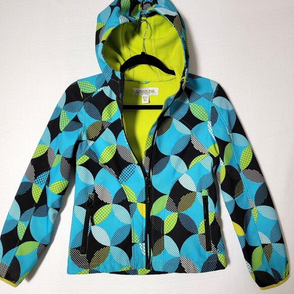 London Fog Boys Hooded Jacket Size10/12 Soft Shell Fleece Lined Green Black Blue - Picture 1 of 13